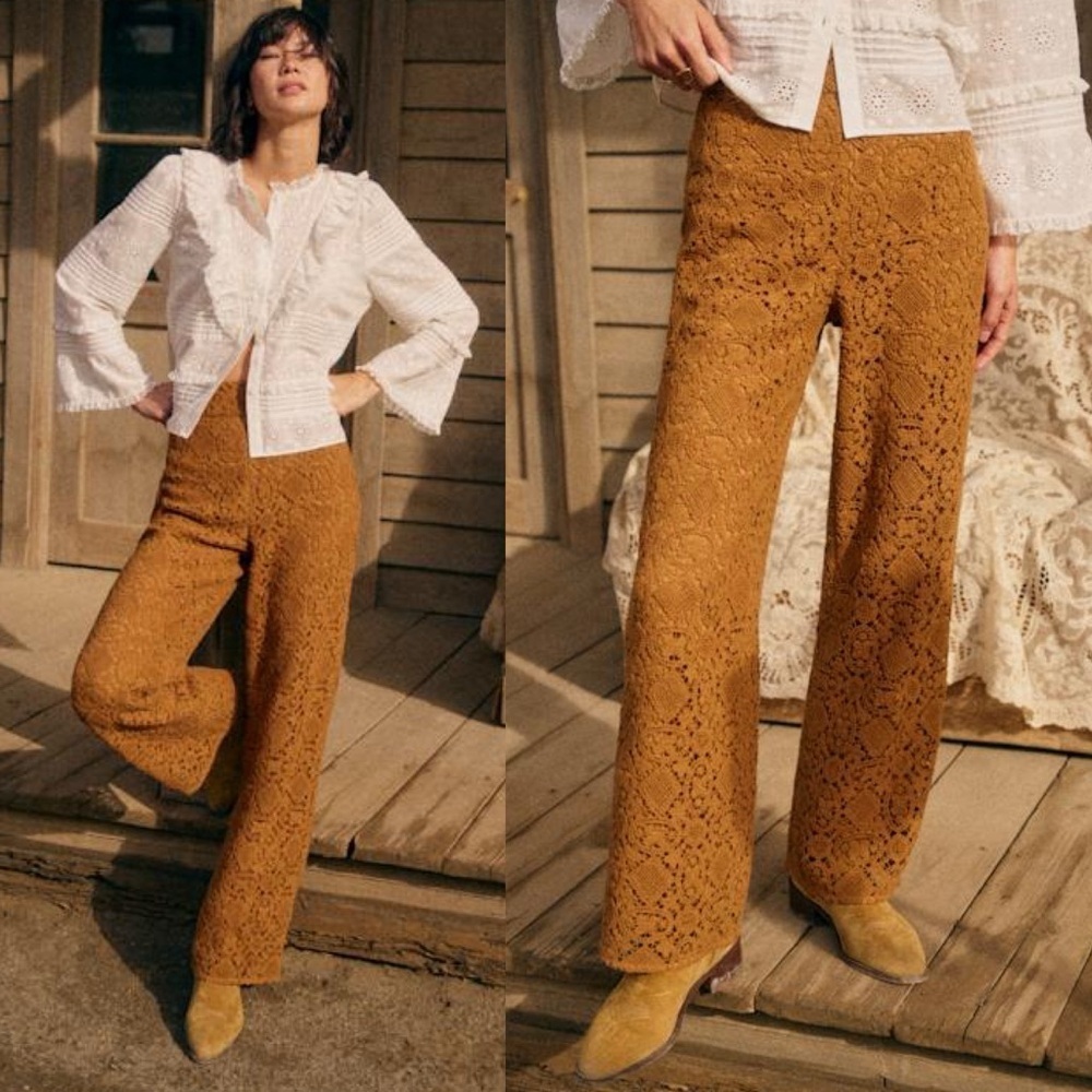 Sezane- FAUSTO TROUSERS Black Crochet Straight Leg Pants Size FR 36 / US Small